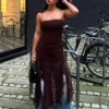 Asymmetric Lace Tulle Bandeau Midi Dress