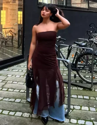 Asymmetric Lace Tulle Bandeau Midi Dress