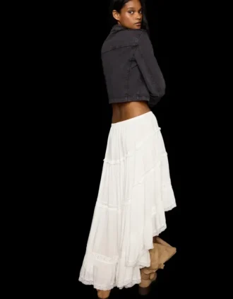 Asymmetric Long Skirt with Lace Trim