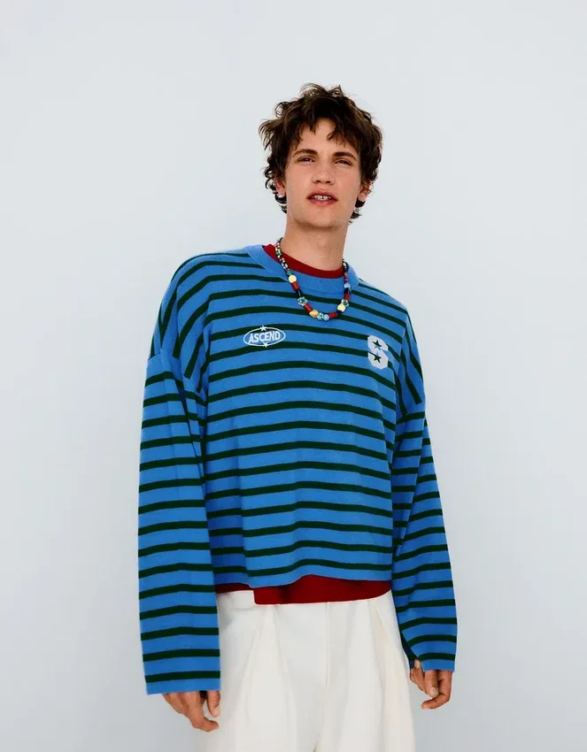 Embroidered Striped Boxy Fit Sweater – Sweaters and Cardigans Embroidered Striped Boxy Fit Sweater – Sweaters and Cardigans