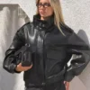 Faux Leather Funnel Collar Jacket Faux Leather Funnel Collar Jacket