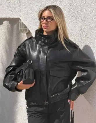 Faux Leather Funnel Collar Jacket