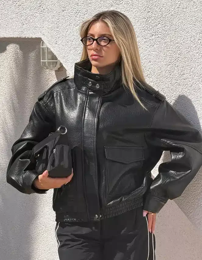 Faux Leather Funnel Collar Jacket Faux Leather Funnel Collar Jacket