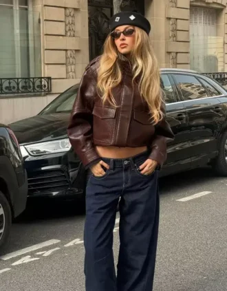 Faux Leather Funnel Collar Jacket