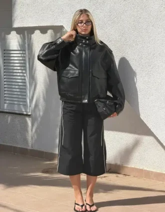Faux Leather Funnel Collar Jacket