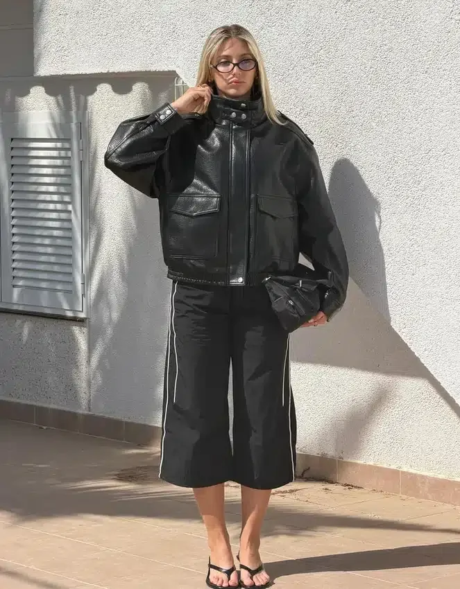 Faux Leather Funnel Collar Jacket Faux Leather Funnel Collar Jacket