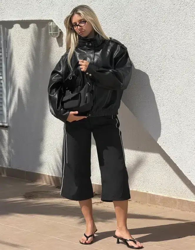 Faux Leather Funnel Collar Jacket Faux Leather Funnel Collar Jacket