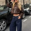 Faux Leather Funnel Collar Jacket Faux Leather Funnel Collar Jacket