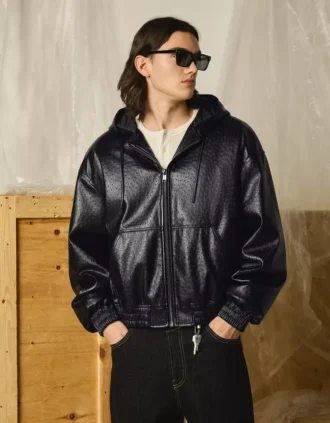Faux Leather Jacket with Hood – Jackets