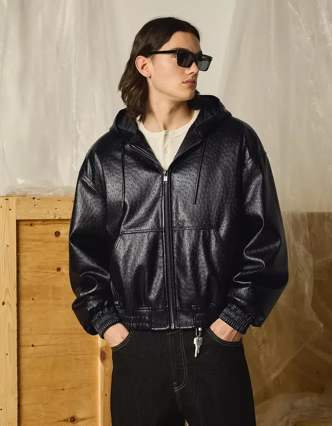 Faux Leather Jacket with Hood – Jackets Faux Leather Jacket with Hood – Jackets