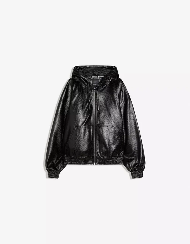 Faux Leather Jacket with Hood – Jackets Faux Leather Jacket with Hood – Jackets