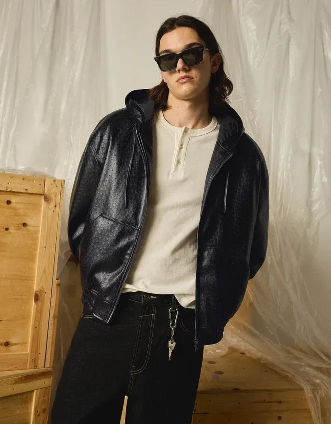Faux Leather Jacket with Hood – Jackets Faux Leather Jacket with Hood – Jackets