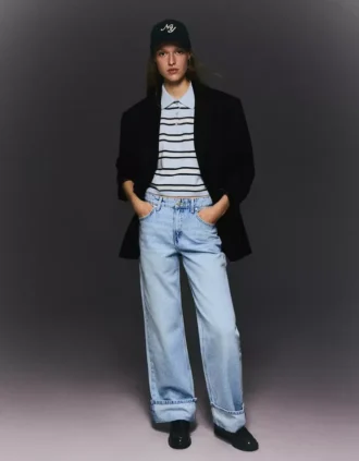 High-Waist Straight Wide-Leg Jeans with Turn-Up Hems – Pants