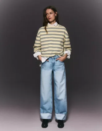High-Waist Straight Wide-Leg Jeans with Turn-Up Hems – Pants