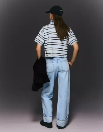 High-Waist Straight Wide-Leg Jeans with Turn-Up Hems – Pants