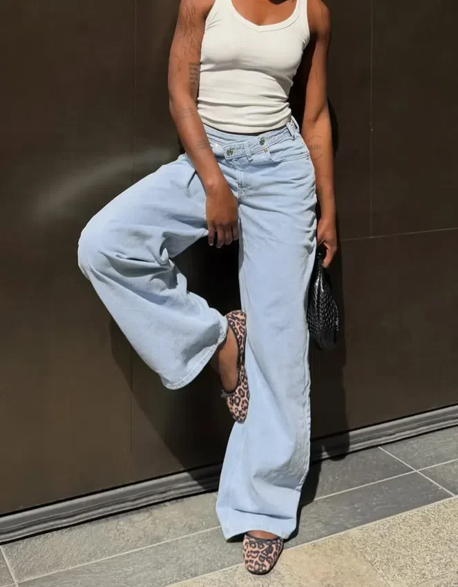 High-Waist Wide-Leg Jeans with Crossover Waist High-Waist Wide-Leg Jeans with Crossover Waist
