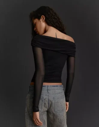 Long Sleeve Asymmetric Tulle T-Shirt