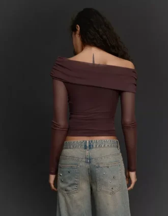 Long Sleeve Asymmetric Tulle T-Shirt