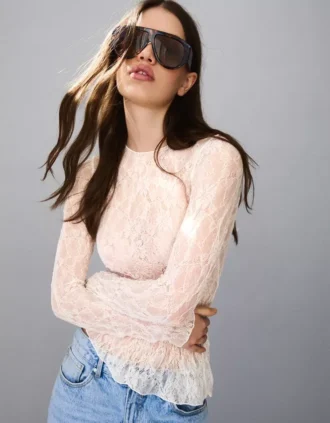 Long Sleeve Ruffled Blonde Lace T-Shirt