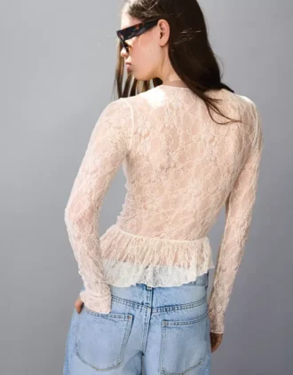 Long Sleeve Ruffled Blonde Lace T-Shirt