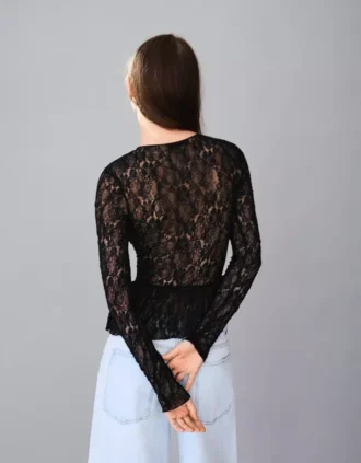 Long Sleeve Ruffled Blonde Lace T-Shirt