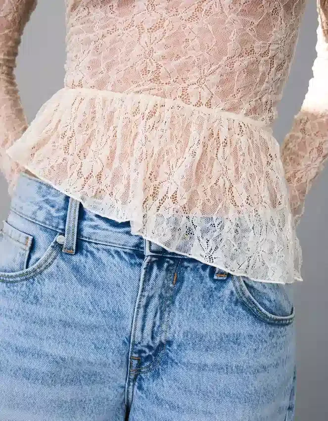 Long Sleeve Ruffled Blonde Lace T-Shirt Long Sleeve Ruffled Blonde Lace T-Shirt