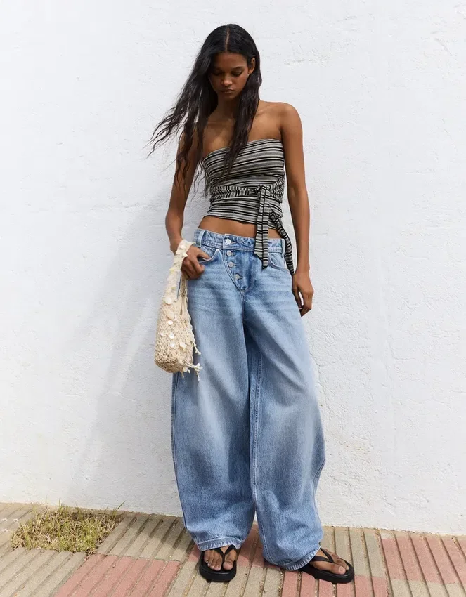 Low-Rise Wide-Leg Barrel Jeans with Front Buttons – Pants Low-Rise Wide-Leg Barrel Jeans with Front Buttons – Pants