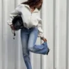 Neoprene Effect Balloon Zip-Up Sweatshirt