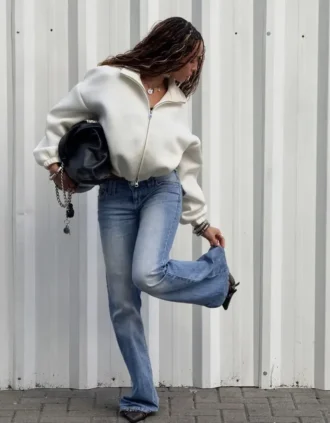 Neoprene Effect Balloon Zip-Up Sweatshirt