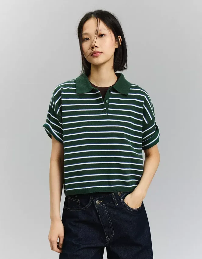Striped Polo Collar Sweater – Tops and Bodysuits Striped Polo Collar Sweater – Tops and Bodysuits