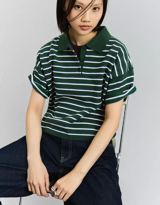 Striped Polo Collar Sweater – Tops and Bodysuits Striped Polo Collar Sweater – Tops and Bodysuits